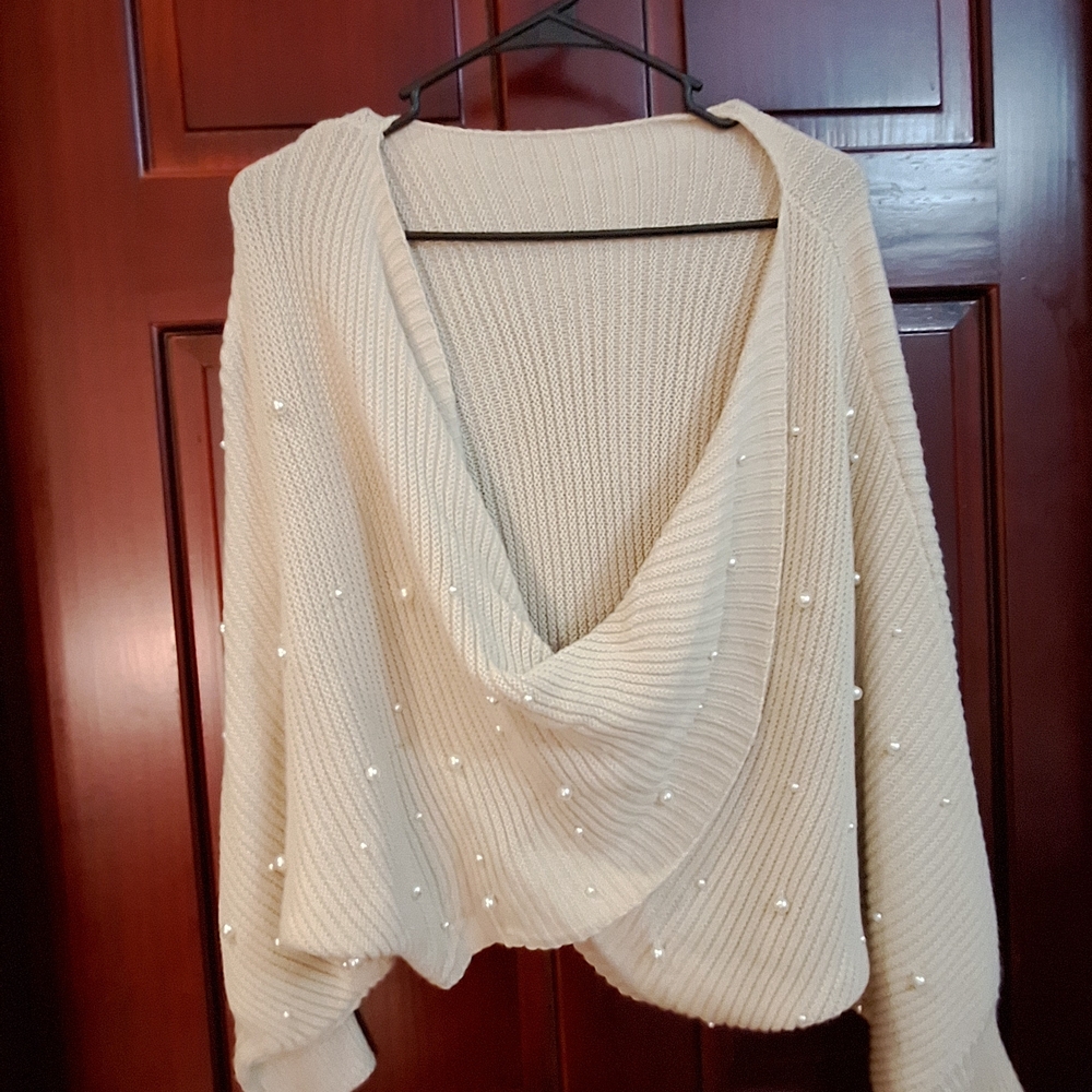 SHEIN Cream Off-the-Shoulder Sweater with Pearl Details